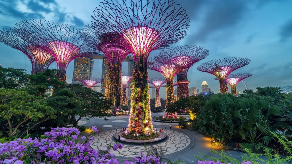 A panoramic view of Gardens by the Bay in Singapore | showcasing the iconic Supertrees against a backdrop of the city skyline | Triumph Holidays