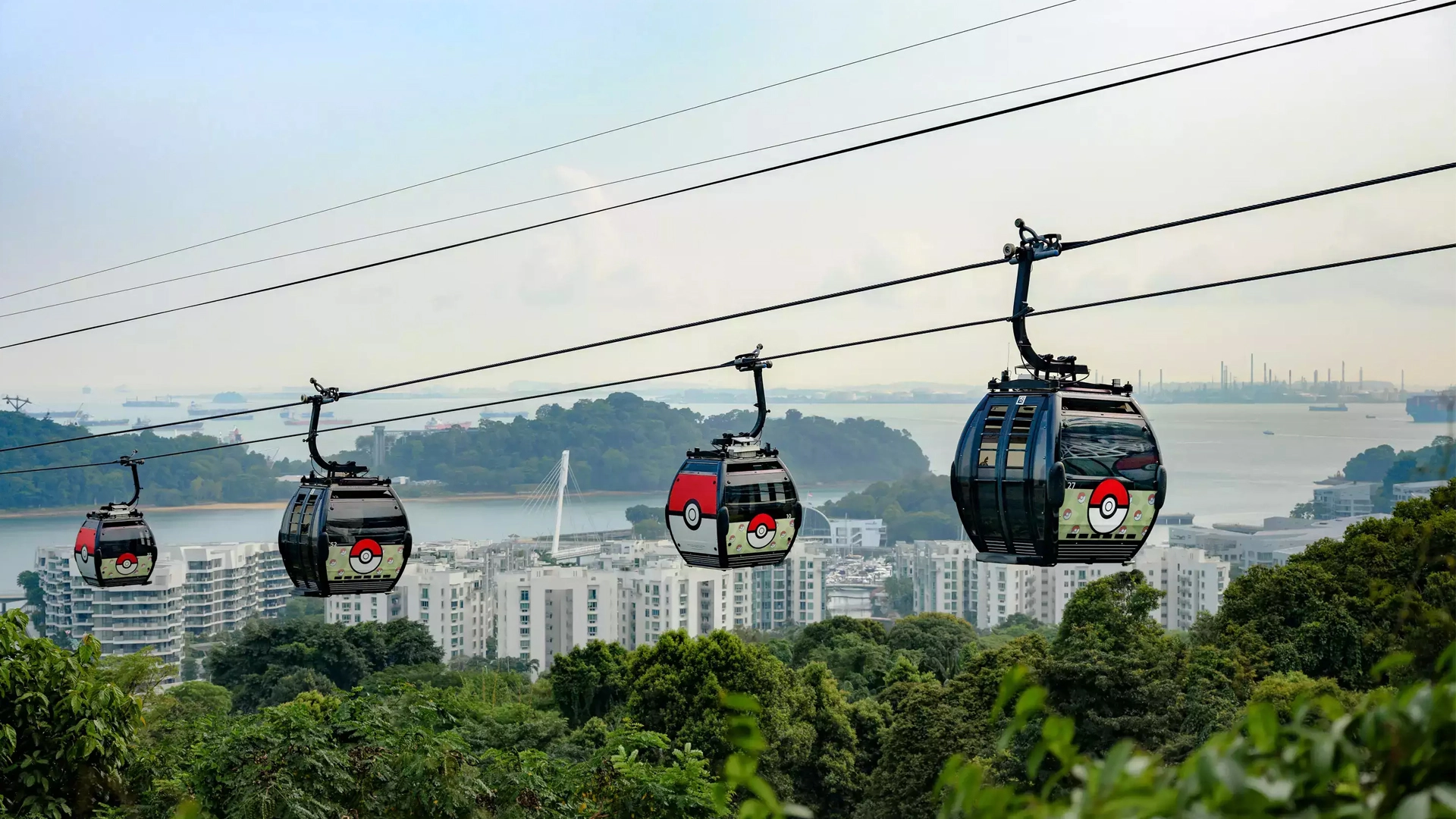 "Panoramic view from the Singapore Cable Car Sky Pass over Sentosa Island"