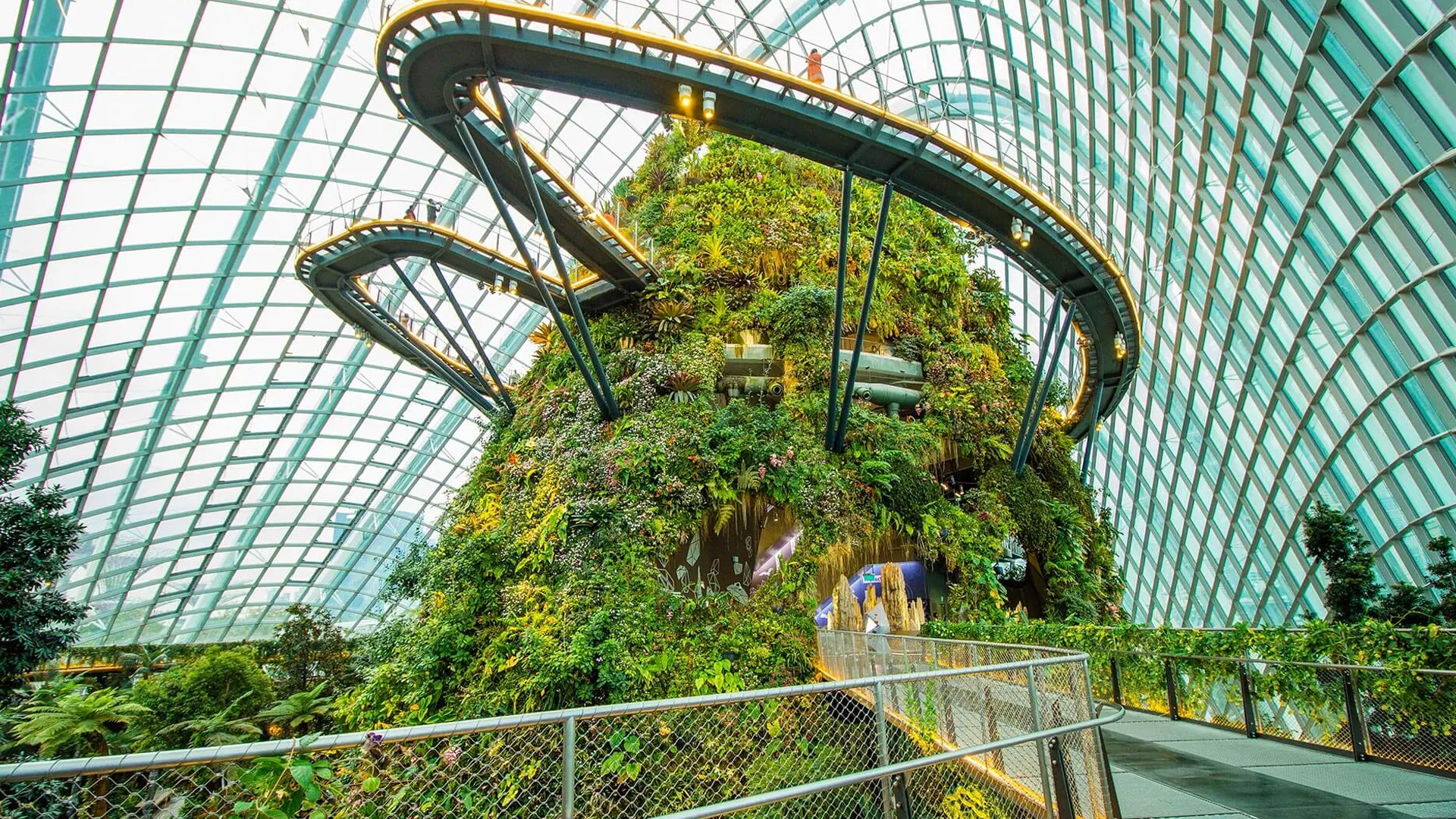 A stunning view inside the Cloud Forest in Singapore | showcasing the towering waterfall and lush green vegetation | Triumph Holidays